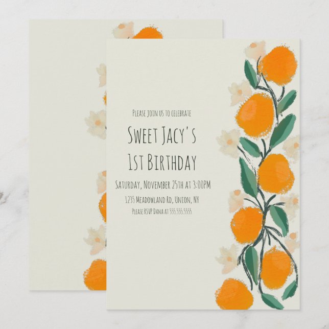 Cute Orange Sweet Botanical Blommigt Birthday Inbjudningar (Fram/baksida)