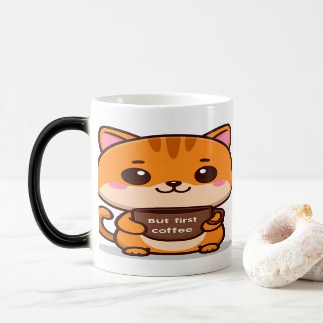 Cute Orange Tabby But First Coffee Magisk Mugg (Med munk)