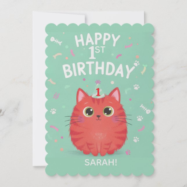 Cute Orange Tabby Cat 1st Birthday | Customizable  Inbjudningar (Framsida)