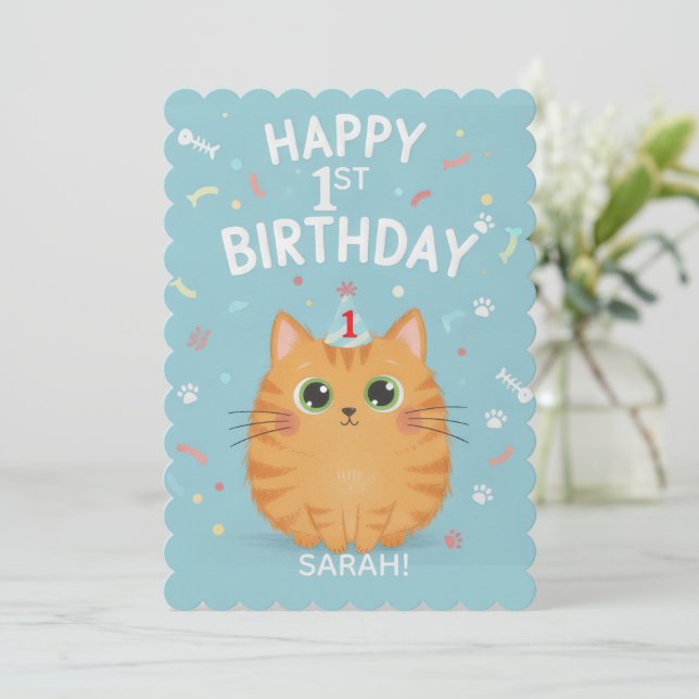Cute Orange Tabby Cat 1st Birthday | Customizable  Inbjudningar (Stående Fram)