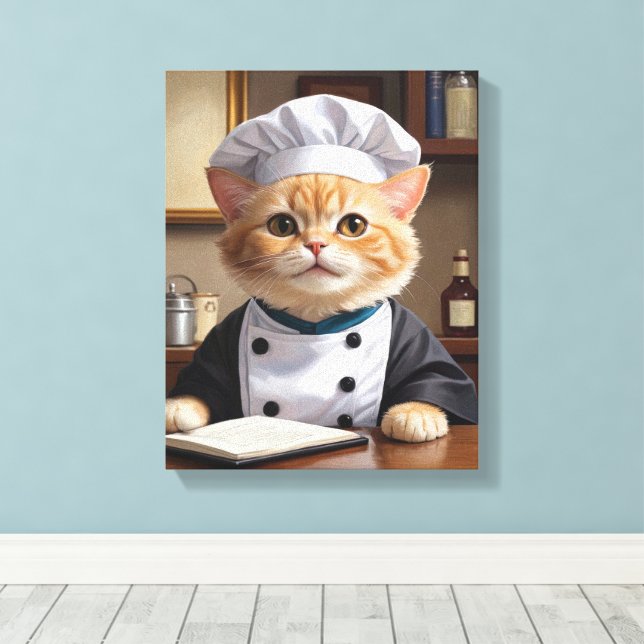 Cute Orange Tabby katt Chef Cooking Illustration Canvastryck (Insitu (trägolv))