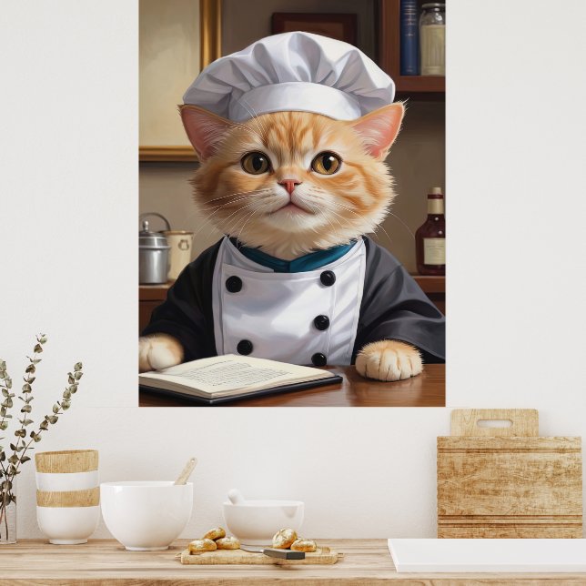 Cute Orange Tabby katt Chef Cooking Illustration Poster (Kök)