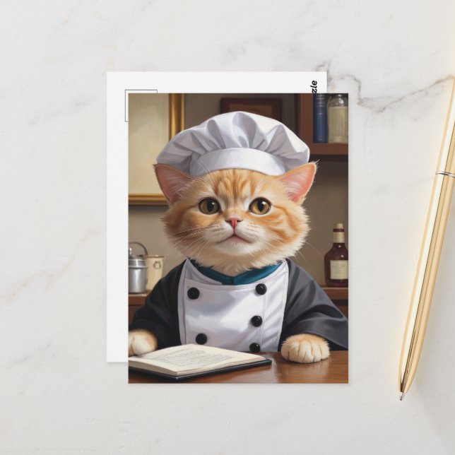 Cute Orange Tabby katt Chef Cooking Illustration Vykort (Fram/Back In Situ)