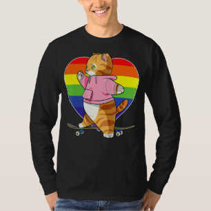 Cute Orange Tabby katt Skateboarder Rainbow Heart  T Shirt