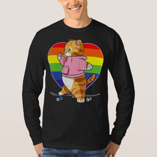 Cute Orange Tabby katt Skateboarder Rainbow Heart  T Shirt (Framsida)