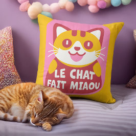 Cute Orange Tabby katt Tecknad säger Meow i Fransk Kudde