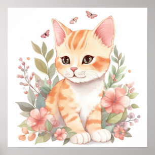 Cute Orange Tabby Kattunge med Flowers Watercolor Poster