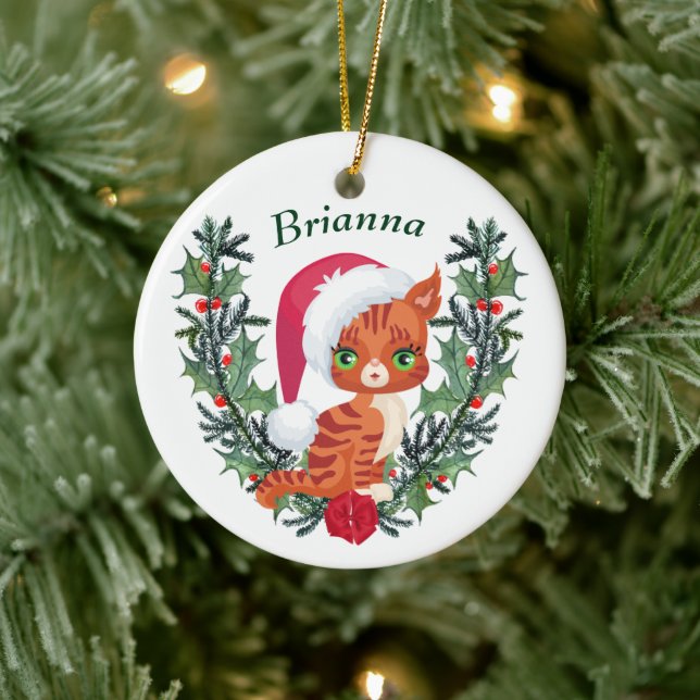 Cute Orange Tabby Kitten God Jul Utandning Julgransprydnad Keramik (Träd)
