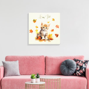 Cute Orange Tabby Kitten i Höst löv Canvastryck