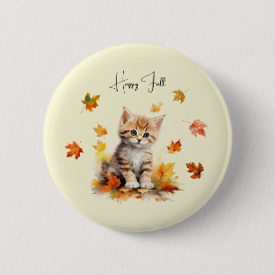 Cute Orange Tabby Kitten i Höst löv Knapp