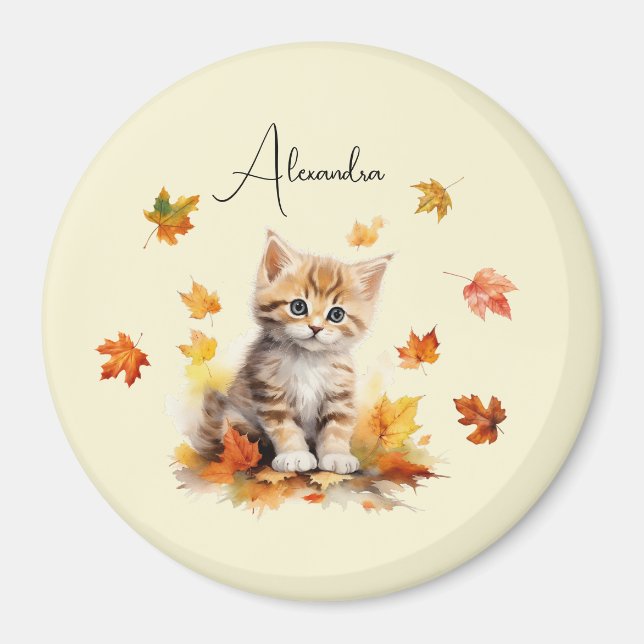 Cute Orange Tabby Kitten i Höst löv Magnet (Framsidan)