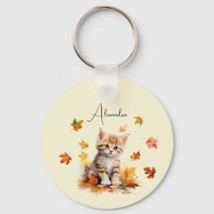 Cute Orange Tabby Kitten i Höst löv Nyckelring