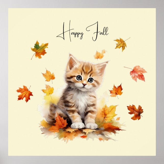 Cute Orange Tabby Kitten i Höst löv Poster (Framsidan)