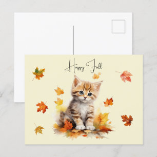 Cute Orange Tabby Kitten i Höst löv Vykort
