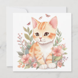 Cute Orange Tabby Kitten med Flowers Watercolor