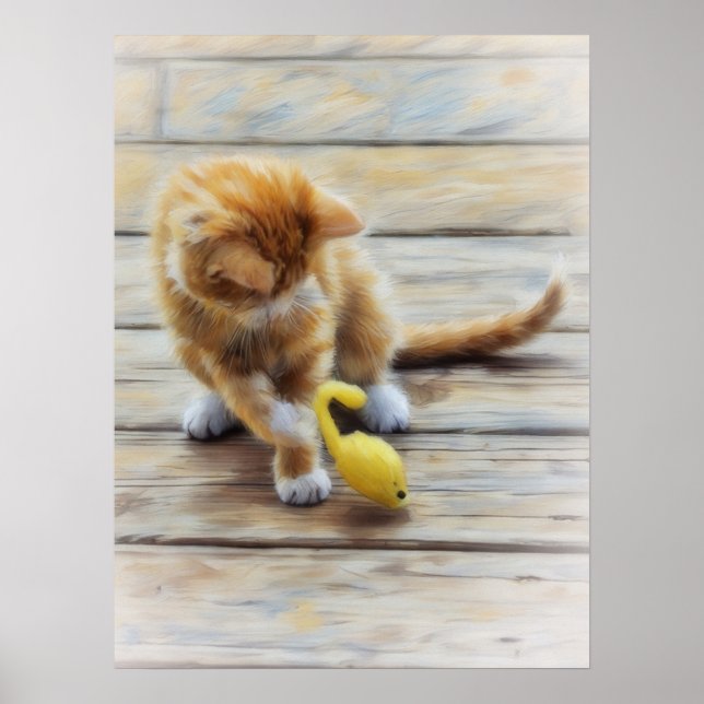 Cute Orange Tabby Kitten Mouse Play Art Poster (Framsidan)