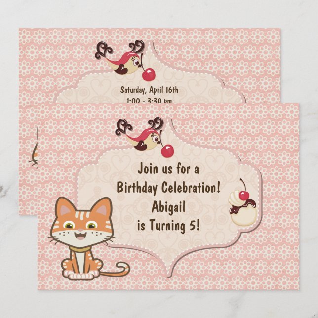 Cute Orange Tiger Kattunge och Flowers Birthday Inbjudningar (Fram/baksida)