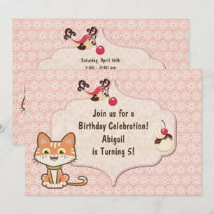 Cute Orange Tiger Kattunge och Flowers Birthday Inbjudningar