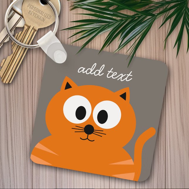 Cute Orange Tjock Cat med Personligen Taupe Nyckelring (Personalized keychain - add name)