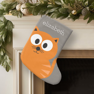 Cute Orange Tjock Cat med Personligen Taupe Stor Julstrumpa