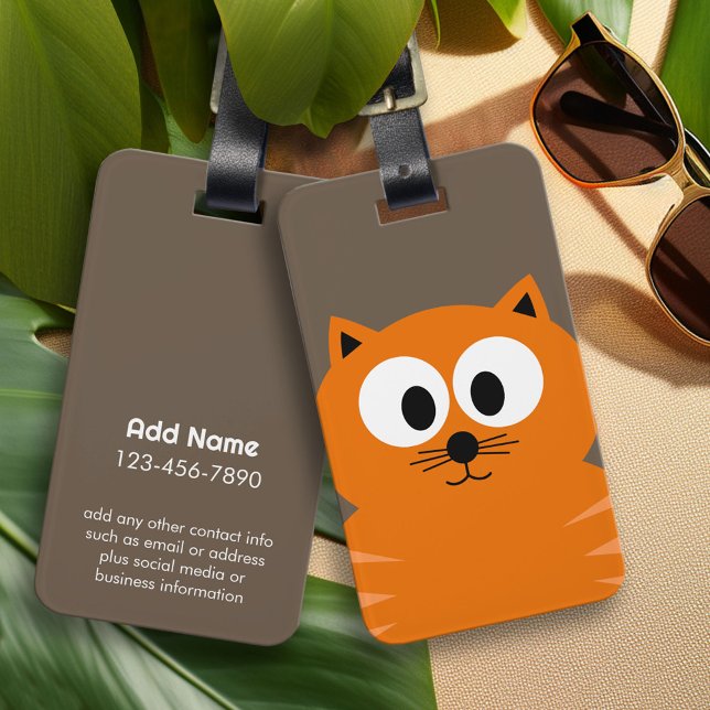 Cute Orange Tjock Cat med Taupe och namn Bagagebricka (Custom Luggage Tag - Personalized Bag Tag)