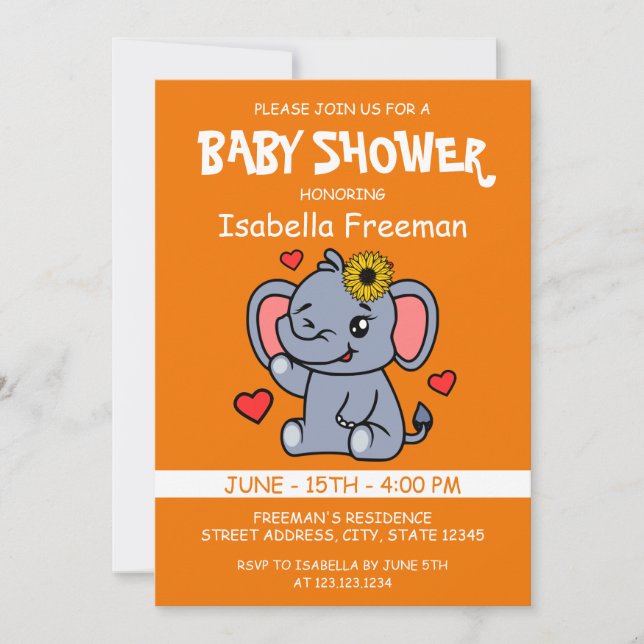 Cute Orange Vector Girl Elephant Baby Shower Inbjudningar (Framsida)