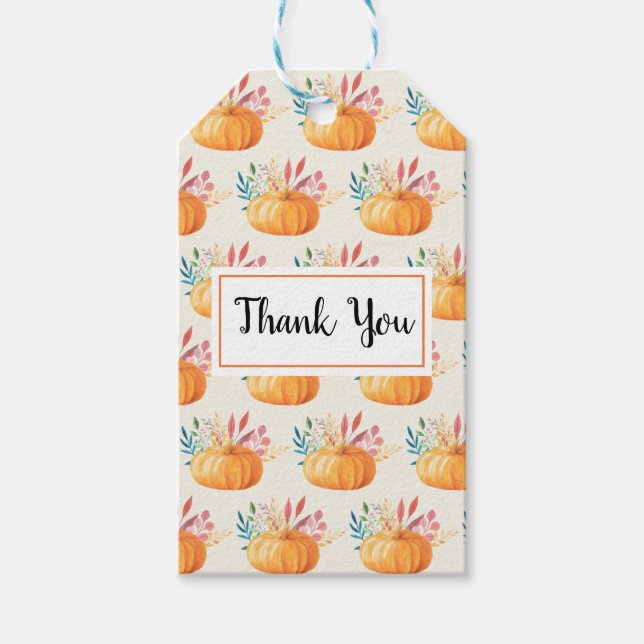 Cute Orange Watercolor Pumpkin Mönster Tack Presentetikett (Framsidan)