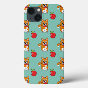 Cute Orange White Cat Eating Red Apple Tecknad