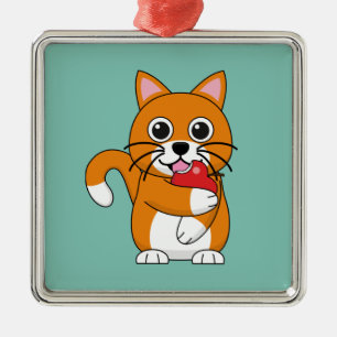 Cute Orange White Cat Eating Red Apple Tecknad Julgransprydnad Metall