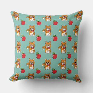 Cute Orange White Cat Eating Red Apple Tecknad Kudde
