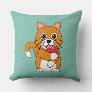 Cute Orange White Cat Eating Red Apple Tecknad Kudde