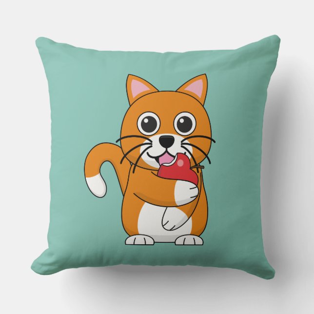 Cute Orange White Cat Eating Red Apple Tecknad Kudde (Framsida)