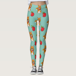 Cute Orange White Cat Eating Red Apple Tecknad Leggings