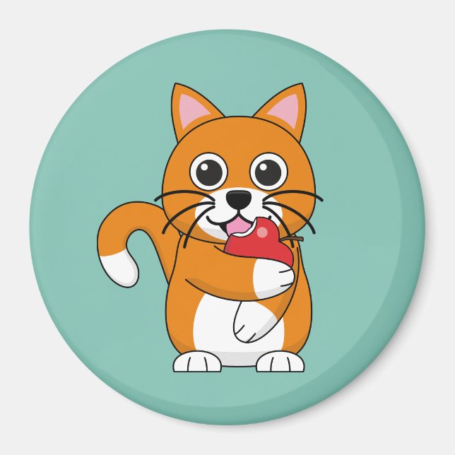 Cute Orange White Cat Eating Red Apple Tecknad Magnet (Framsidan)