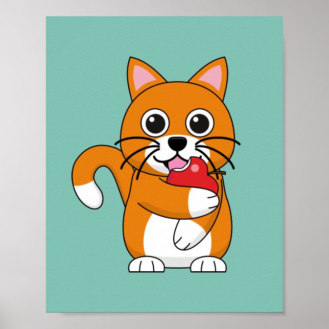 Cute Orange White Cat Eating Red Apple Tecknad Poster (Framsidan)