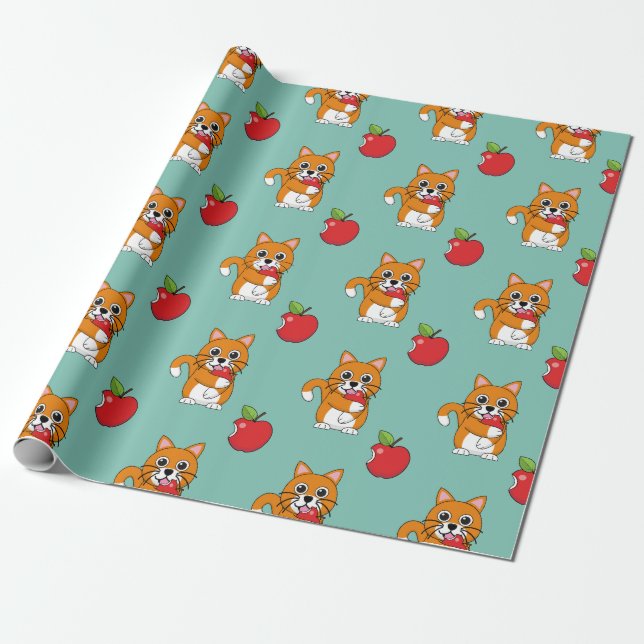 Cute Orange White Cat Eating Red Apple Tecknad Presentpapper (Utrullad)