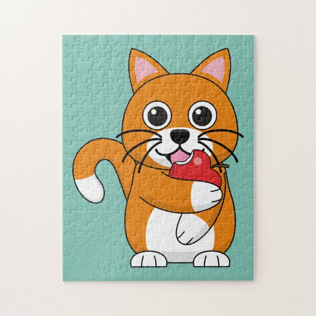 Cute Orange White Cat Eating Red Apple Tecknad Pussel (Vertikal)