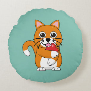 Cute Orange White Cat Eating Red Apple Tecknad Rund Kudde