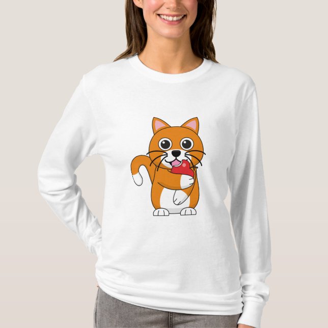 Cute Orange White Cat Eating Red Apple Tecknad T Shirt (Framsida)