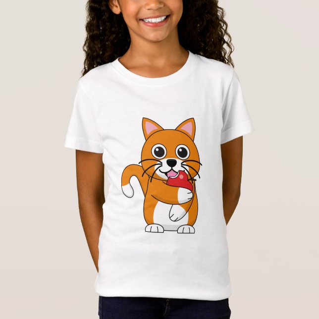 Cute Orange White Cat Eating Red Apple Tecknad T Shirt (Framsida)