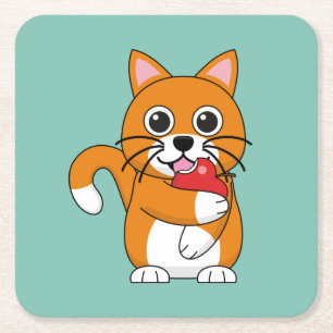 Cute Orange White Cat Eating Red Apple Tecknad Underlägg Papper Kvadrat