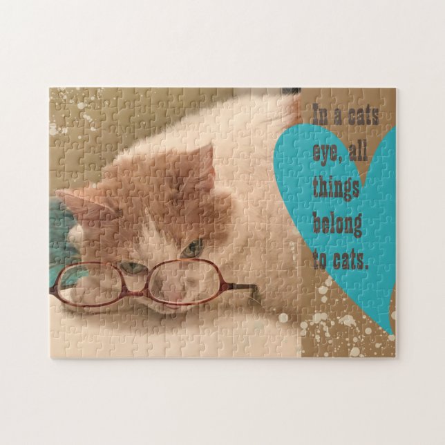 Cute Orange & White Cat med Eyeglasses Puzzle Pussel (Horisontell)