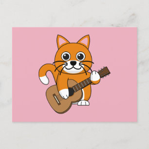 Cute Orange White Cat Spela Guitar Tecknad Helg Vykort
