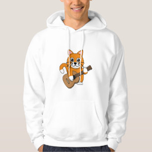 Cute Orange White Cat Spela Guitar Tecknad Hoodie