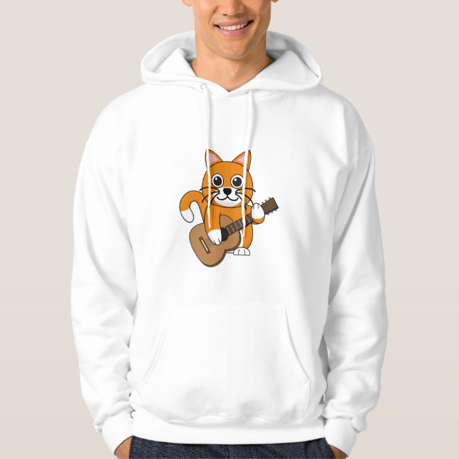 Cute Orange White Cat Spela Guitar Tecknad Hoodie (Framsida)