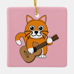 Cute Orange White Cat Spela Guitar Tecknad Julgransprydnad Keramik