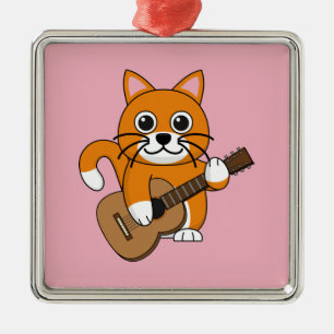Cute Orange White Cat Spela Guitar Tecknad Julgransprydnad Metall