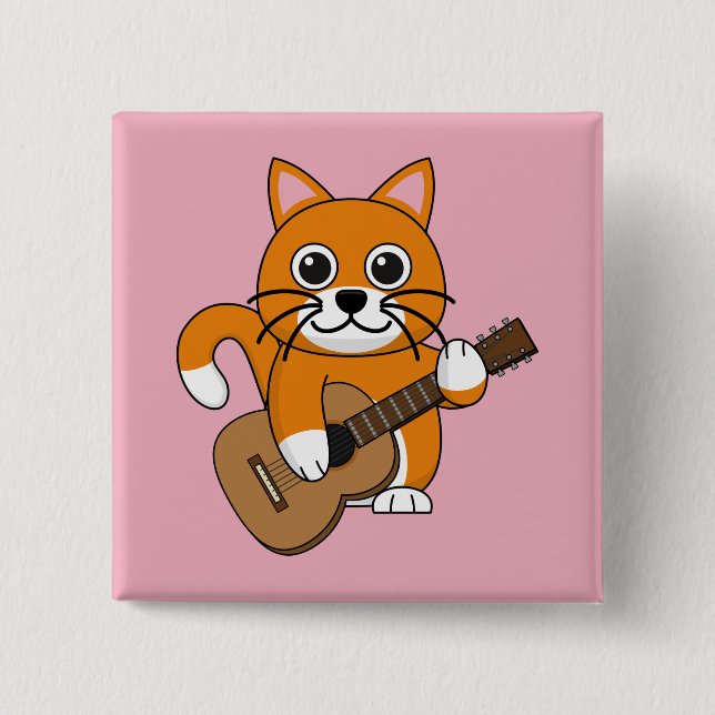 Cute Orange White Cat Spela Guitar Tecknad Knapp (Framsida)