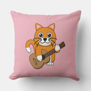 Cute Orange White Cat Spela Guitar Tecknad Kudde