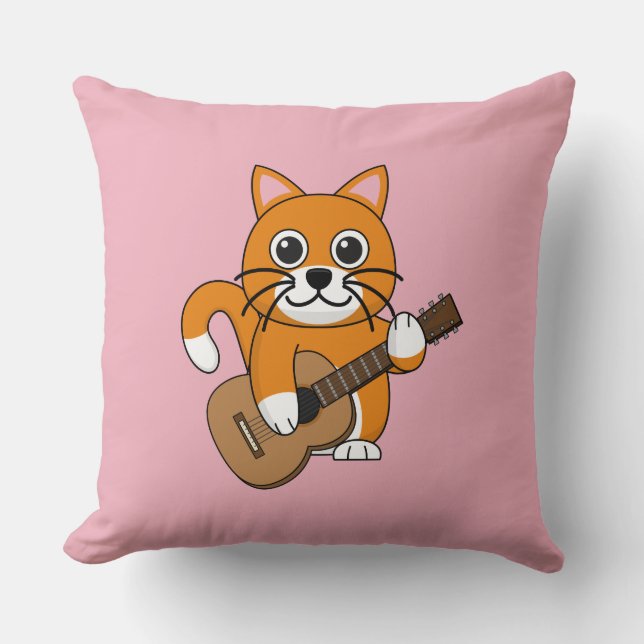 Cute Orange White Cat Spela Guitar Tecknad Kudde (Framsida)